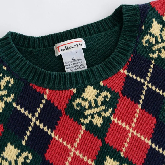 Vintage Talbots Red Green Fleur de Lis Argyle Preppy Plaid Crewneck Sweater XL - Picture 10 of 11